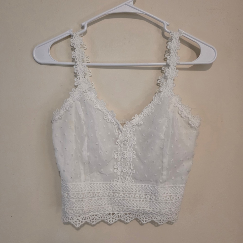 Womens Lace Crop Top Women Size Medium White Swiss Dot Smocked Boho Fairy